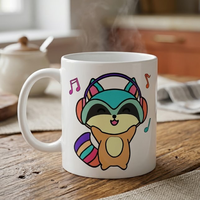 Taza De Café Lindo mapache bebé Kawaii sonriente con auriculare (Cute smiling Kawaii Baby Raccoon with Headphones. Coffee Mug)