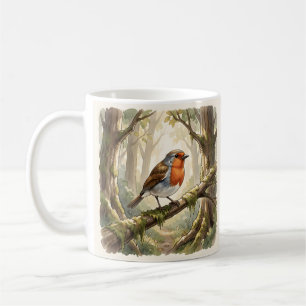 Taza De Café Lindo pájaro petirrojo en un viejo bosque