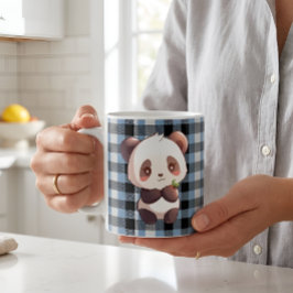 Taza De Café Lindo Panda Kawaii de Cuadro Azul de Búfalo