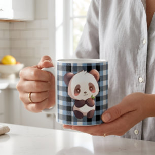 Taza De Café Lindo Panda Kawaii de Cuadro Azul de Búfalo