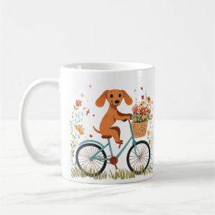 Taza De Café Lindo perro Dachshund en bicicleta con flores de p