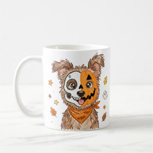 Taza De Café Lindo perro de Halloween mitad esqueleto mitad cal