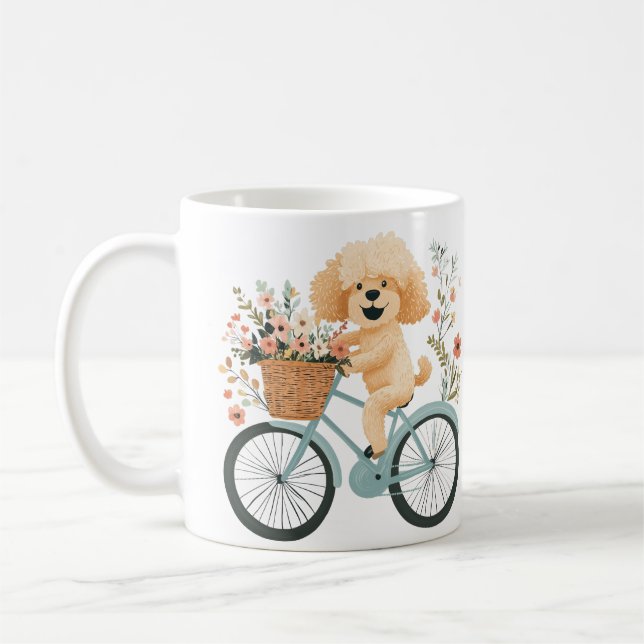 Taza De Café Lindo perro Goldendoodle en bicicleta con flores d (Izquierda)