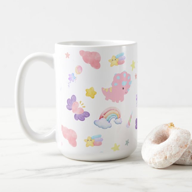 Taza De Café Lindo rosa dulce dinosaurio arco iris pastel Patró (Con donut)