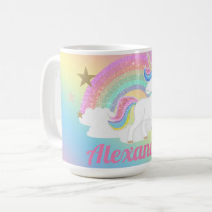 Taza De Café Lindo Unicornio con Arcoíris Brillante y Nombre Pe