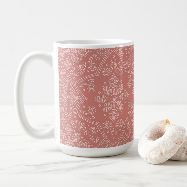 Taza De Café Línea Boho Floral Damask Line Art, Terracotta Clay (Con donut)