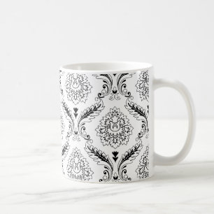 Taza De Café Línea de Patrón de Damasco Rococó Negro sobre Blan