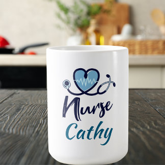 Taza De Café Línea de vida de enfermera linda azul corazón pers