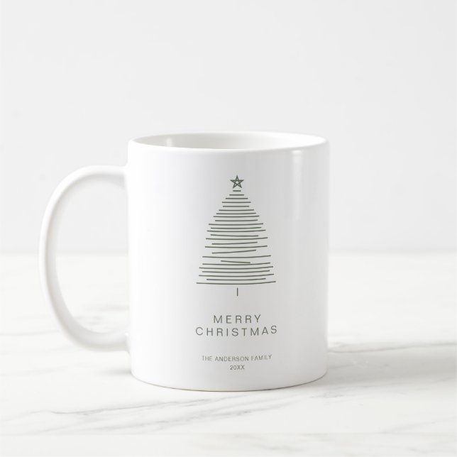 Taza De Café Línea Verde Simple Arte Merry Christmas Tree (Izquierda)