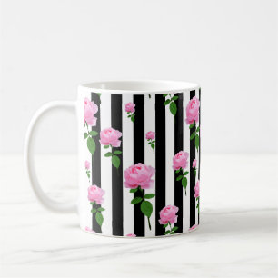Taza De Café Líneas de las bandas de las flores rosadas rosadas