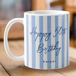 Taza De Café Linen Look Striped Feliz cumpleaños 50° Azul