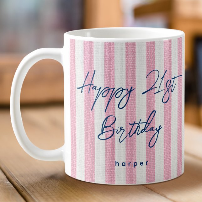 Taza De Café Linen Look Striped Happy Birthday 21st Pink (Subido por el creador)