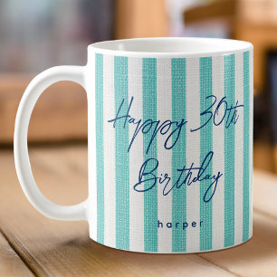 Taza De Café Linen Look Striped Happy Birthday 30th Mint