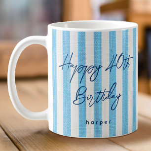 Taza De Café Linen Look Striped Happy Birthday 40th Light Blue