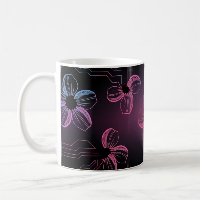 Taza De Café Linienkunst der Kirschblüte in Neonfarben (Izquierda)