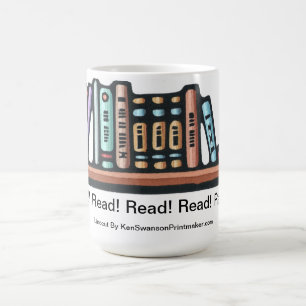Taza De Café Linocut original del estante de libros de Ken