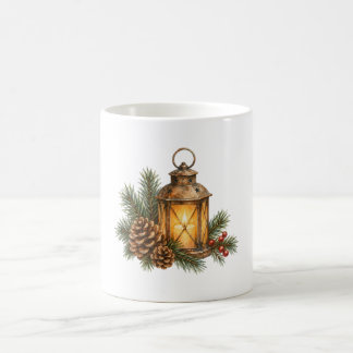 Taza De Café Linterna de Vela y Ramas de Pino