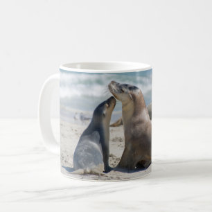 Taza De Café Lión marino australiano y cachorro