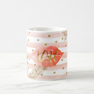 Taza De Café Lips de Purpurina XOXO para corazones dorados rosa