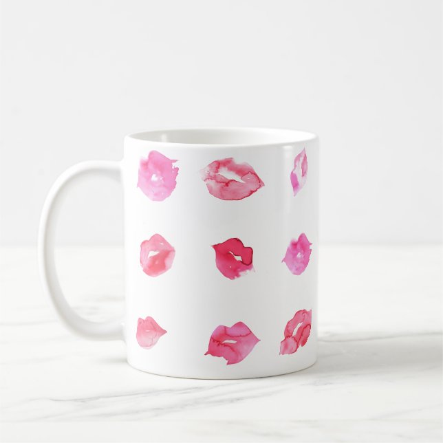 Taza De Café Lips rosadas acuarelas. Moda de patrones, diseño d (Izquierda)