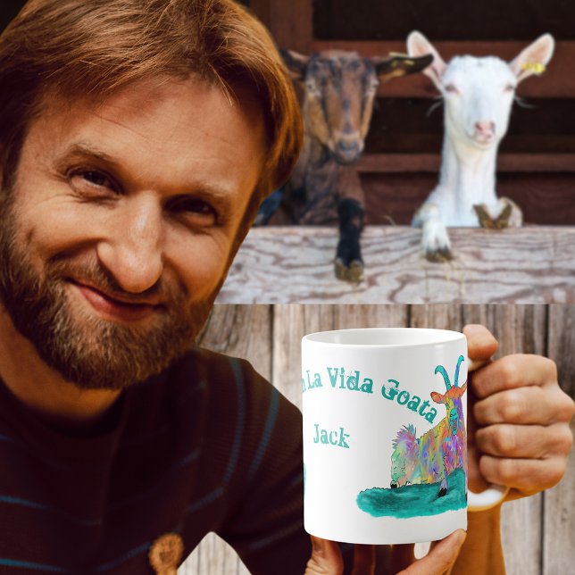 Taza De Café Livin La Vida Goata Graciosa Gritando Diseño De Ca (Funny screaming goat quote livin la Vida goata colour farm animal art custom name coffee mug)