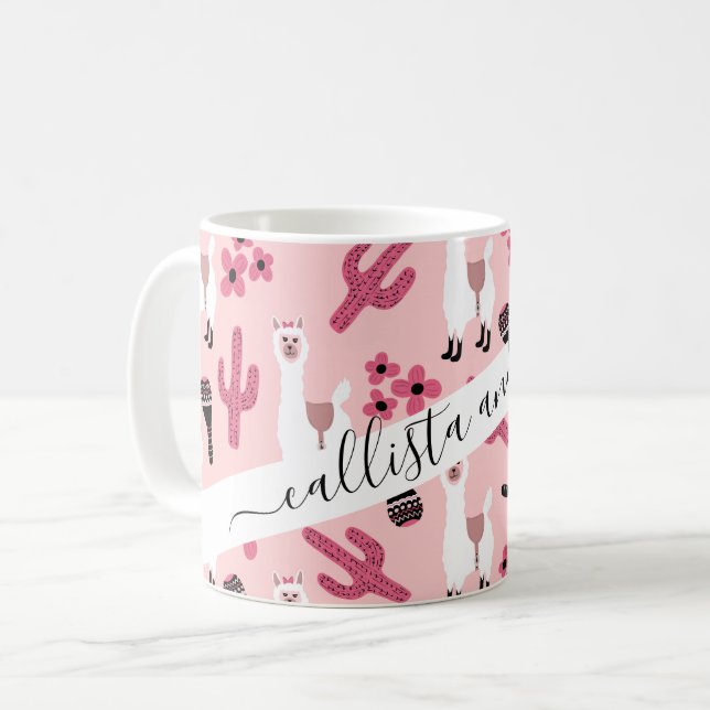 Taza De Café Llama blanca rosada adorable Maraca Cactus Floral (Anverso izquierdo)