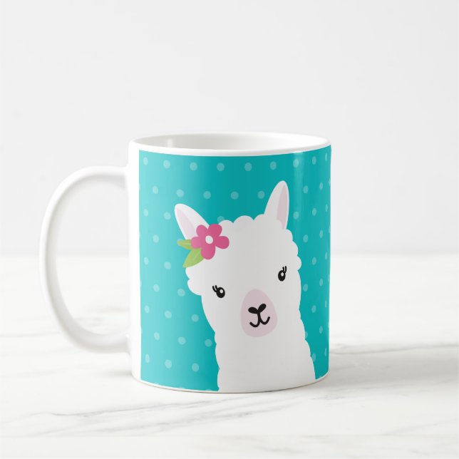 Taza De Café Llama floral alpaca Verde azulada personalizada (Izquierda)