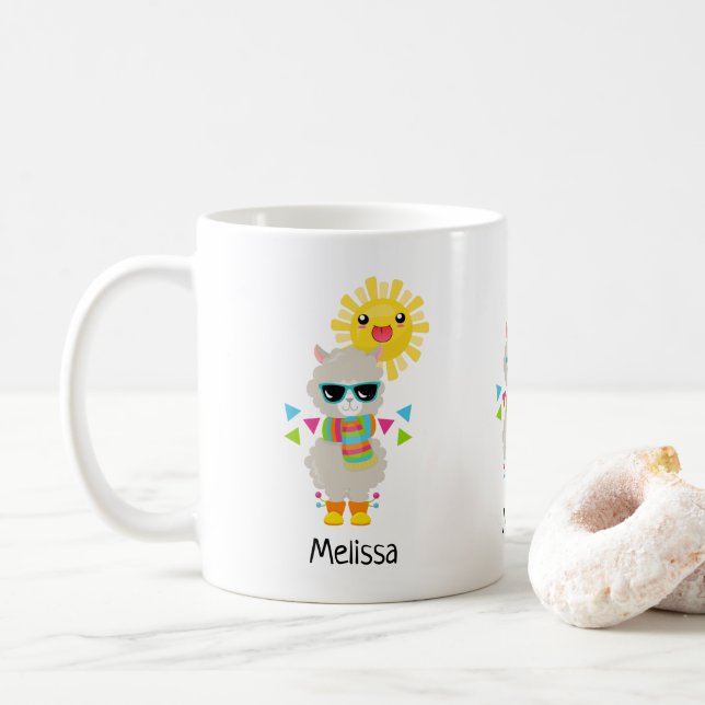 Taza De Café Llama Guay y Sol sonriente Kawaii (Con donut)