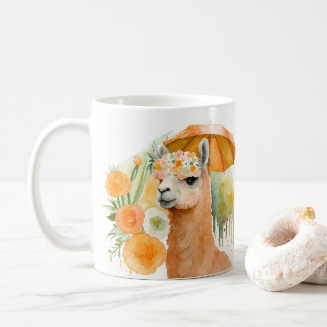 Taza De Café Llama y flores acuarela de las vibraciones de vera (Con donut)
