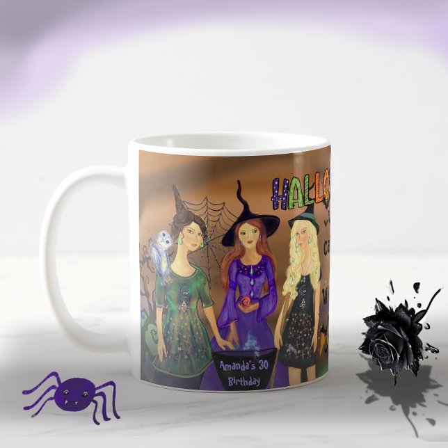 Taza De Café Llamando a la fiesta de cumpleaños de Halloween de (Calling All Witches Halloween Birthday Party Coffee Mug)