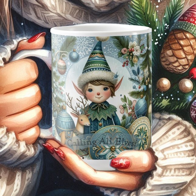 Taza De Café Llamar a todos los elfos Navidades de copo de niev (Calling All Elves Snowflake Christmas Party Funky Coffee Mug)