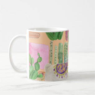 Taza De Café Llamas acuarelas, cactus: patrón sin costura.