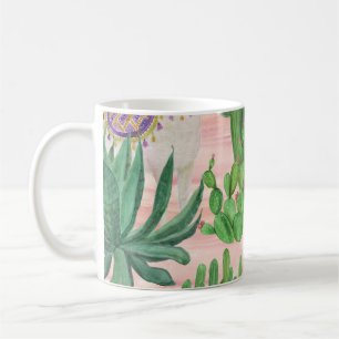 Taza De Café Llamas acuarelas y patrones de cactus.