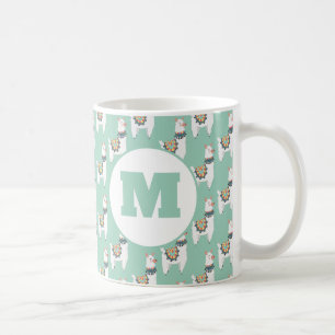 Taza De Café Llamas Alpacas Monograma Verde Menta Lindas