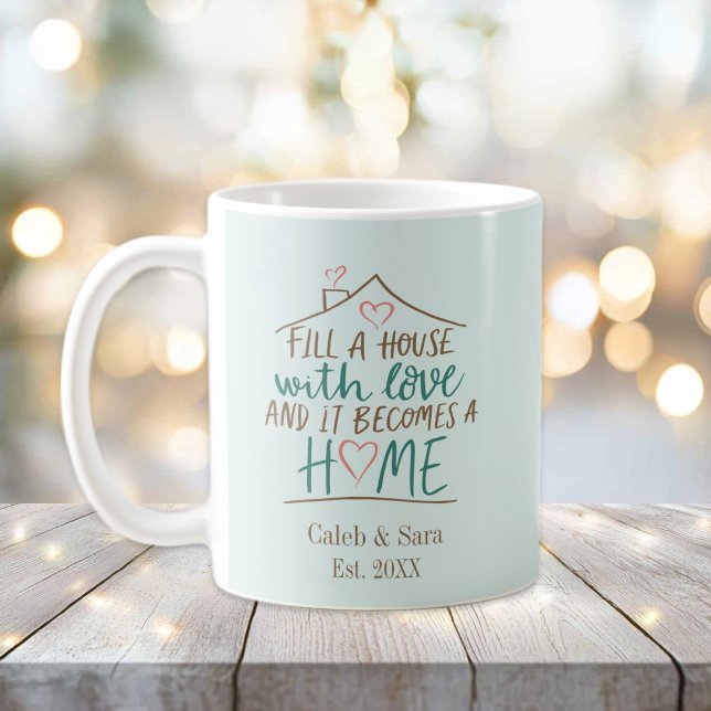 Taza De Café Lleno de amor Personalizable calentamiento de la c (Filled with Love Housewarming Mug)