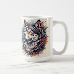 Taza De Café Lobo con elementos geométricos y colores vibrantes