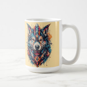 Taza De Café Lobo con elementos geométricos y colores vibrantes