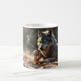 Taza De Café lobo fumando puro y teniendo un picnic