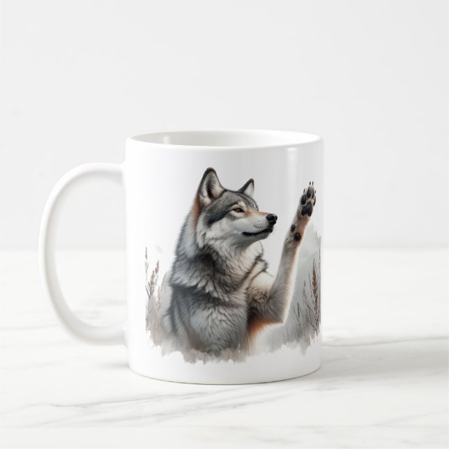 Taza De Café Lobo gris se levanta en acuarela (Izquierda)