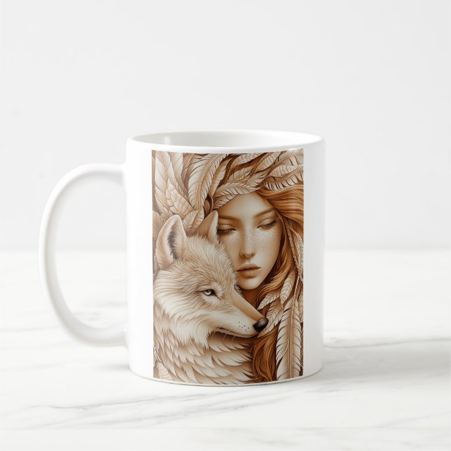 Taza De Café Lobo y mujer en plumas (Izquierda)