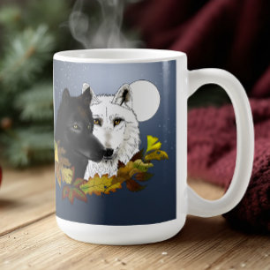 Taza De Café Lobos Blancos y Negros Luz de Luna Hojas de Otoño