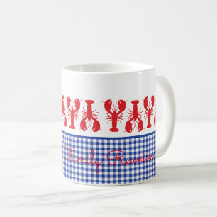 Taza De Café Lobster Rojo Azul Blanco Gingham Personalizado Cos