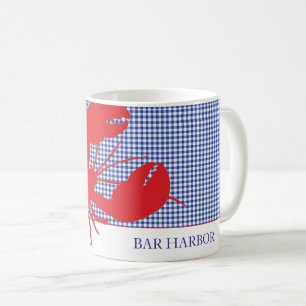Taza De Café Lobster Rojo Azul Gingham Ciudad Costera NOMBRE Ve