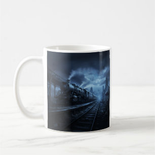 Taza De Café Locomotora de Vapor en una Noche Oscura y Tormento