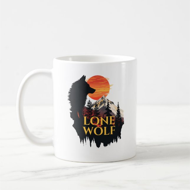 Taza De Café Lone Wolf, Naranja Sunset Silhouette Wolf Art (Izquierda)