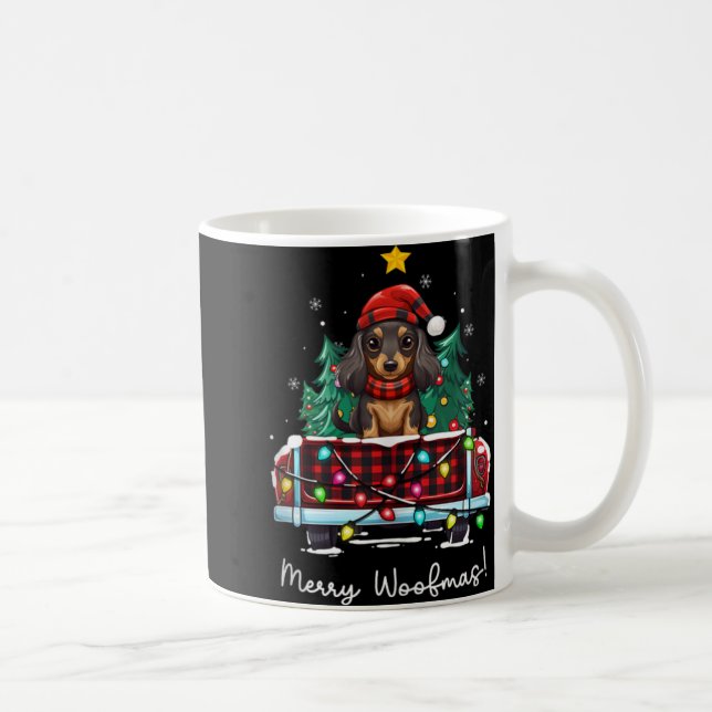 Taza De Café Long Haired Dachshund Christmas Dog Truck Plaid Fu (Derecha)
