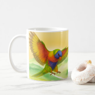 Taza De Café Lorikeet arcoíris acuarela con estilo de puesta de