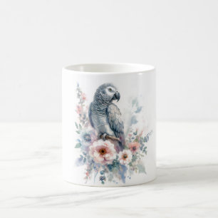 Taza De Café Loro Gris Africano Acuarela Floral