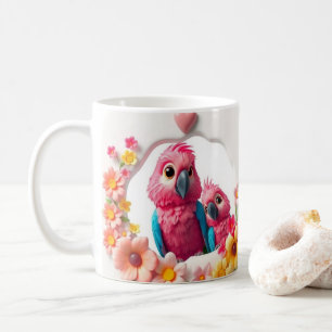 Taza De Café Loro y flores del Día de la Madre feliz en 3D