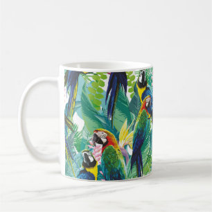 Taza De Café loros coloridos y flores exóticas